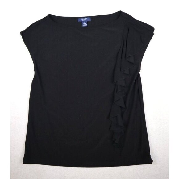 CHAPS - WOMEN'S BLACK STRETCH KNIT SHORT SLEEVE RUFFLE TOP - SIZE L - Picture 3 of 8